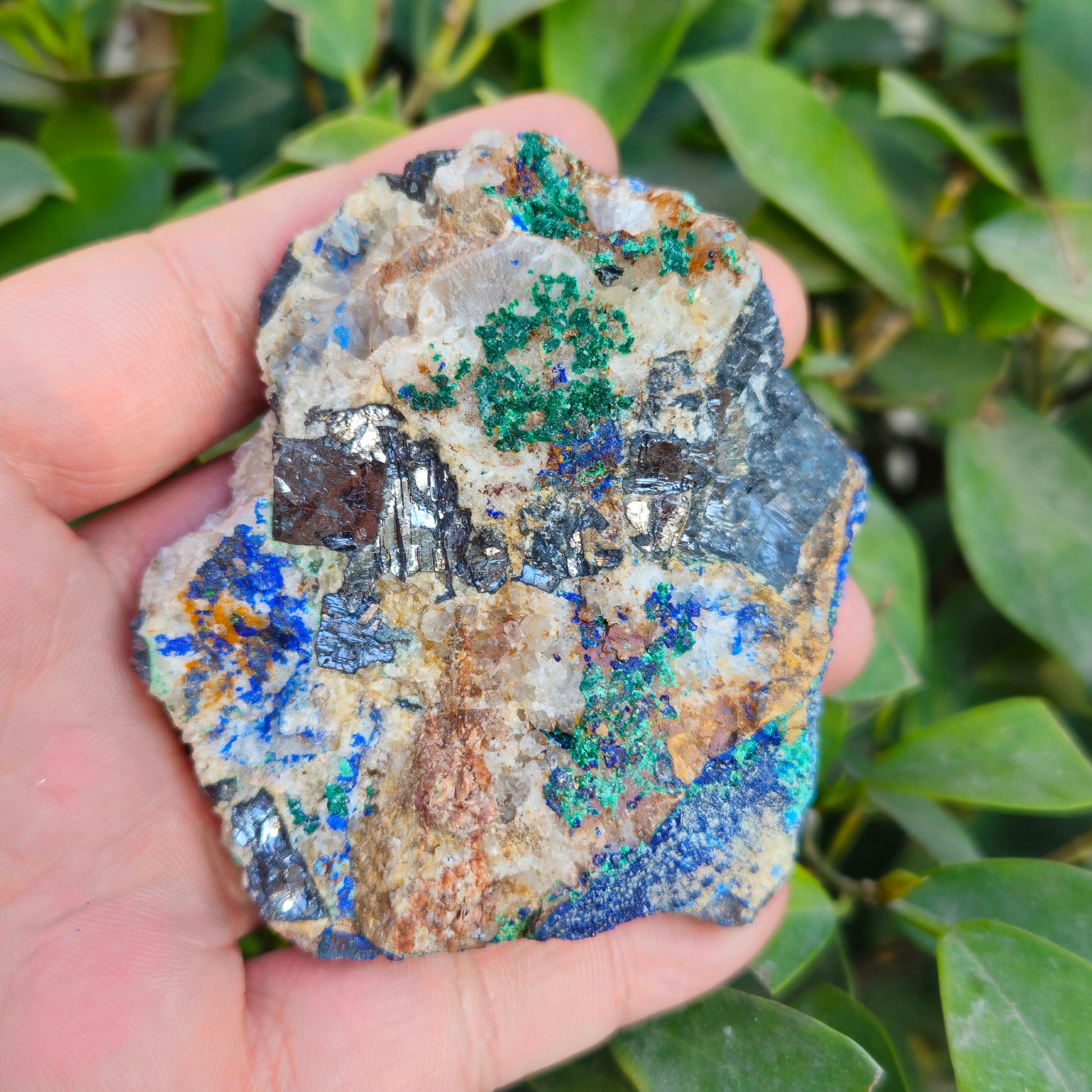 Raw Azurite Malachite in Quartz with Silver Hematite inclusions -Unique Mineral