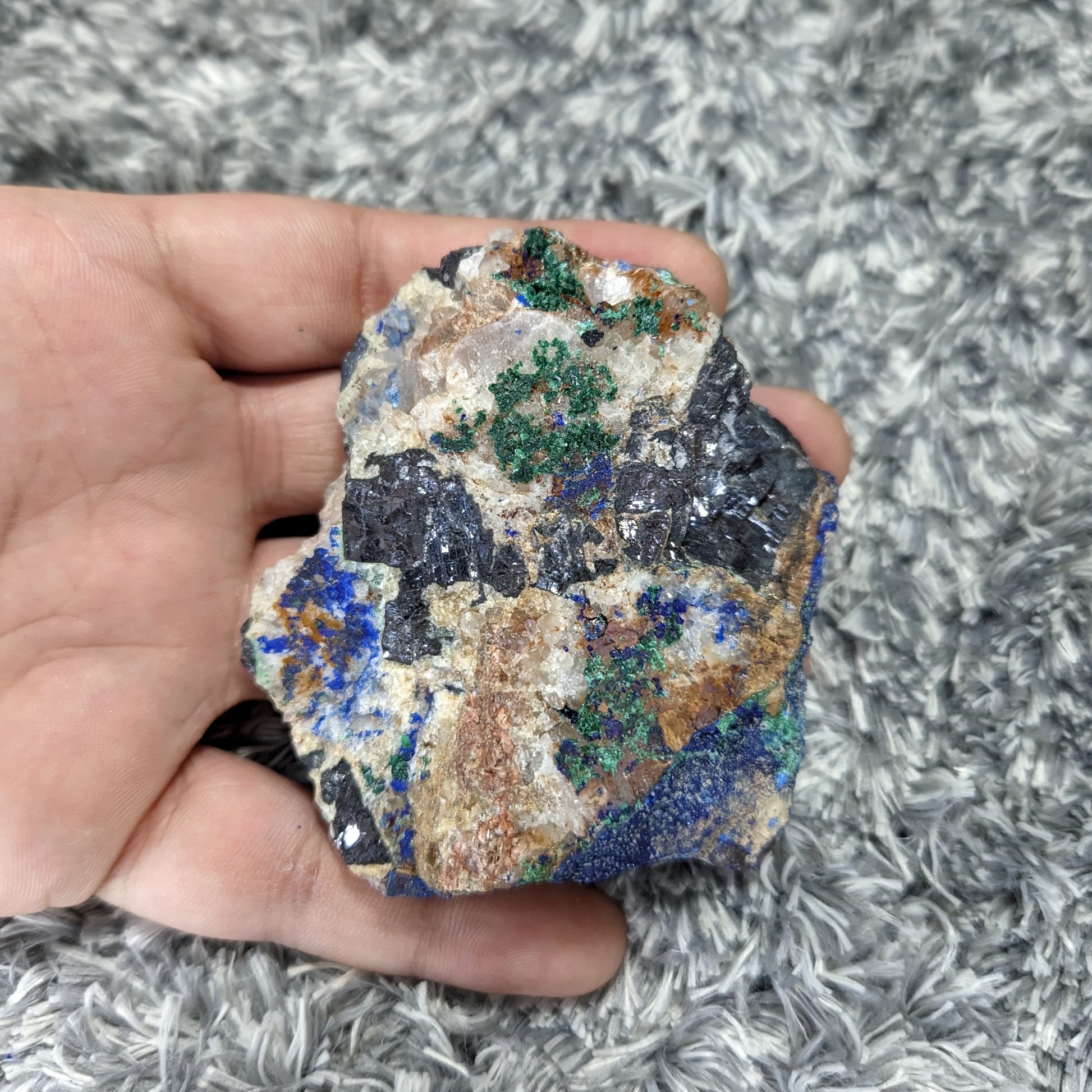 Raw Azurite Malachite in Quartz with Silver Hematite inclusions -Unique Mineral