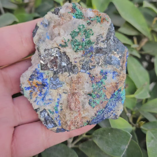 Raw Azurite Malachite in Quartz with Silver Hematite inclusions -Unique Mineral