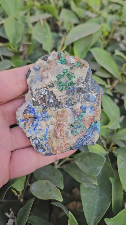 Raw Azurite Malachite in Quartz with Silver Hematite inclusions -Unique Mineral